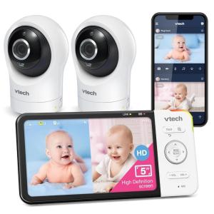 imageVTech Video Baby Monitor with 1000ft Long Range Auto Night Vision 28 Screen 2Way Audio Talk Temperature Sensor Power Saving Mode Lullabies and Wallmountable Camera with Bracket White5 Screen Wifi 2 Cam