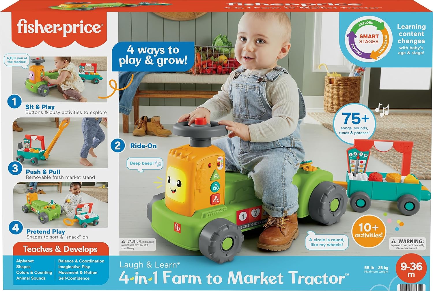 FisherPrice Baby to Toddler Toy Laugh ampamp Learn 4in1 Farm to Market Tractor Ride On with Pull Wagon ampamp Smart Stages for Infants Ages 9 Months