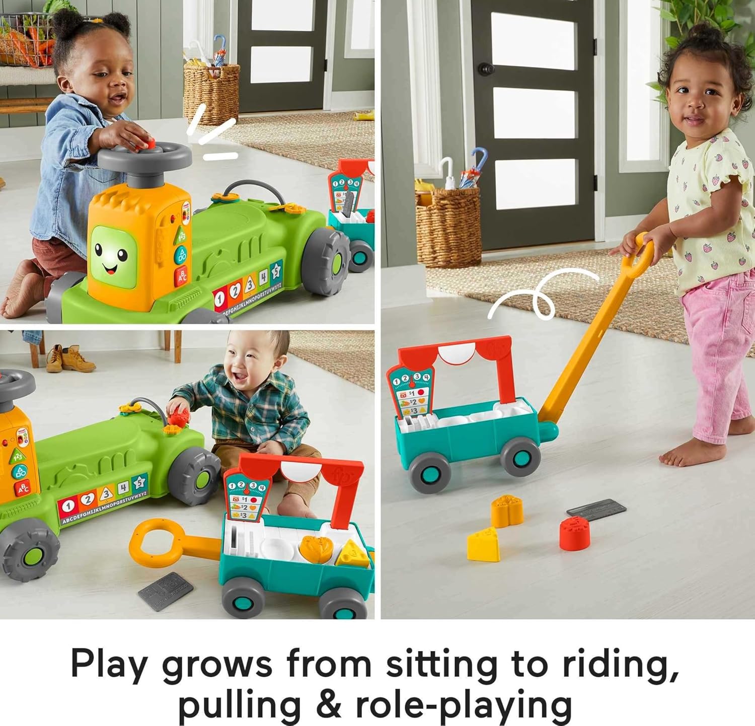 FisherPrice Baby to Toddler Toy Laugh ampamp Learn 4in1 Farm to Market Tractor Ride On with Pull Wagon ampamp Smart Stages for Infants Ages 9 Months