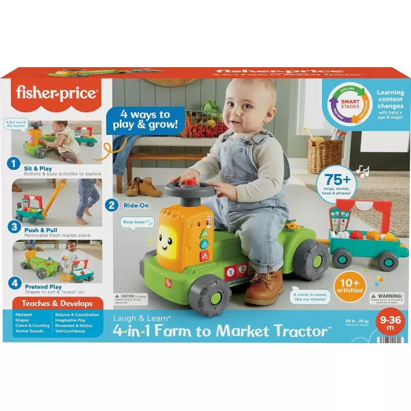 FisherPrice Baby to Toddler Toy Laugh ampamp Learn 4in1 Farm to Market Tractor Ride On with Pull Wagon ampamp Smart Stages for Infants Ages 9 Months