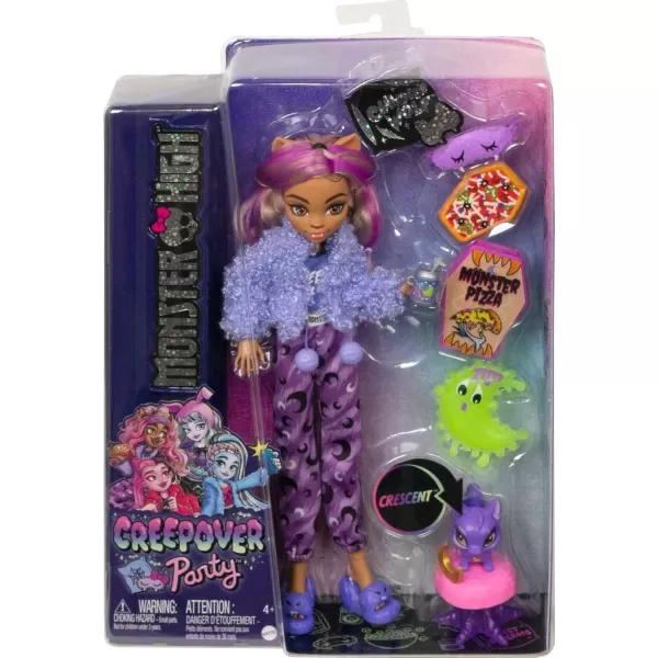 Monster High Creepover Party Doll Clawdeen Wolf with Pet Dog Crescent Sleepover Clothes ampamp Accessories like Eye Mask ampamp PizzaMulticolor