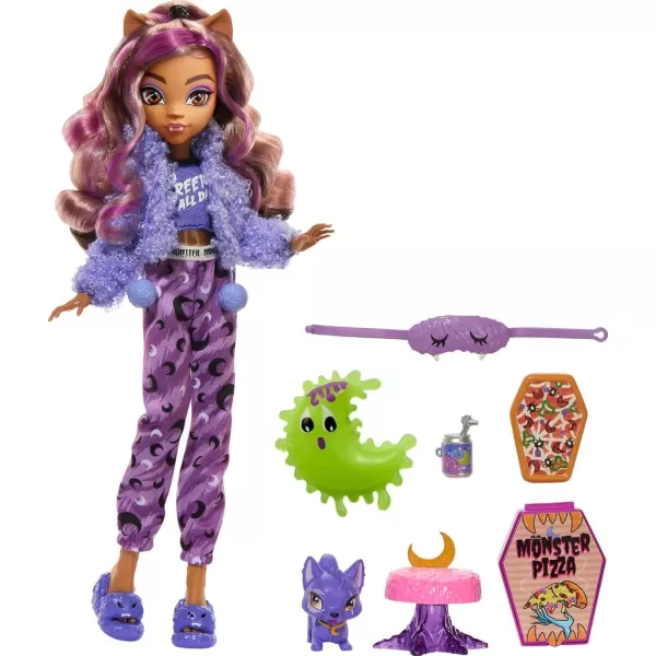 Monster High Creepover Party Doll Clawdeen Wolf with Pet Dog Crescent Sleepover Clothes ampamp Accessories like Eye Mask ampamp PizzaMulticolor