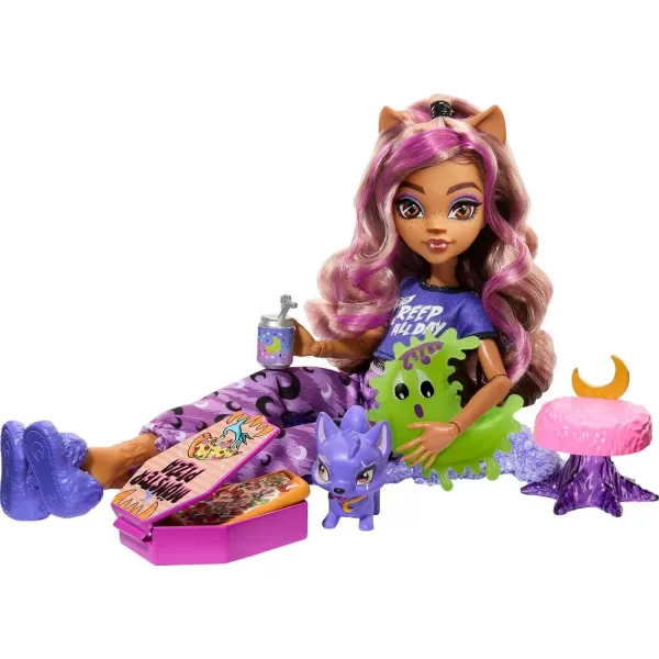 Monster High Creepover Party Doll Clawdeen Wolf with Pet Dog Crescent Sleepover Clothes ampamp Accessories like Eye Mask ampamp PizzaMulticolor