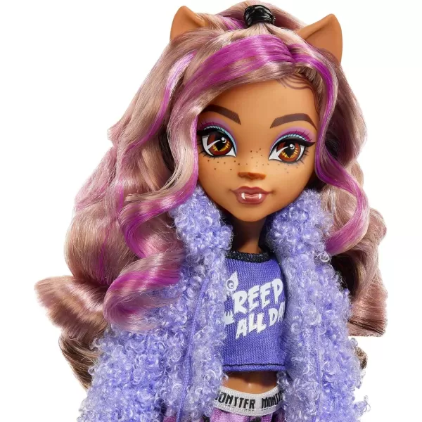 Monster High Creepover Party Doll Clawdeen Wolf with Pet Dog Crescent Sleepover Clothes ampamp Accessories like Eye Mask ampamp PizzaMulticolor