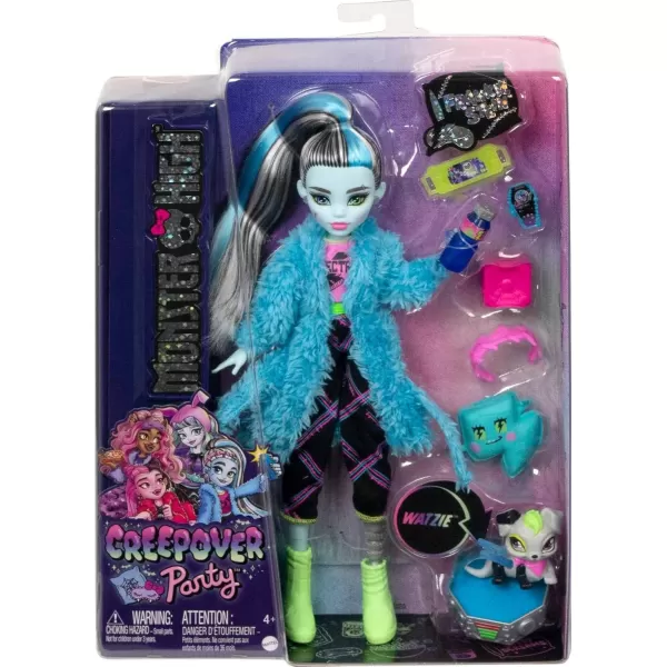 Monster High Creepover Party Doll Frankie Stein with Pet Dog Watzie Sleepover Clothes ampamp Accessories like Pillow ampamp Furry RobeMulticolor