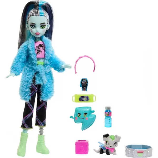 Monster High Creepover Party Doll Frankie Stein with Pet Dog Watzie Sleepover Clothes ampamp Accessories like Pillow ampamp Furry RobeMulticolor