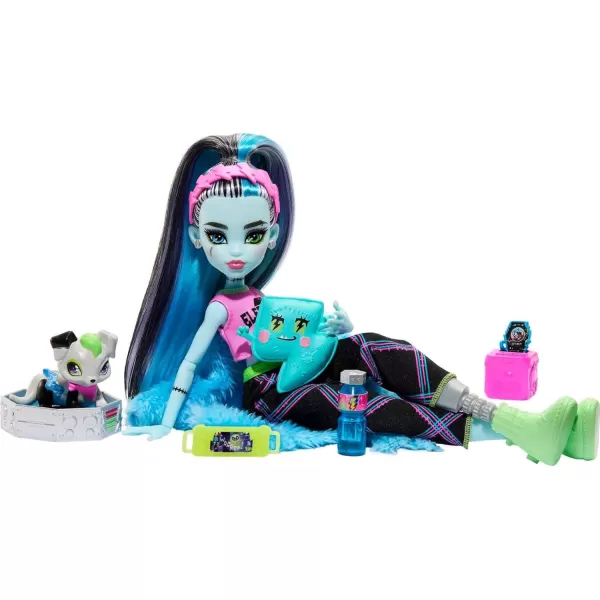 Monster High Creepover Party Doll Frankie Stein with Pet Dog Watzie Sleepover Clothes ampamp Accessories like Pillow ampamp Furry RobeMulticolor