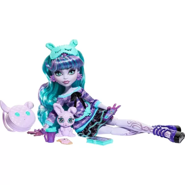 Monster High Creepover Party Doll Twyla with Pet Bunny Dustin Sleepover Clothes ampamp Accessories like Hoodie Book ampamp BackpackMulticolor