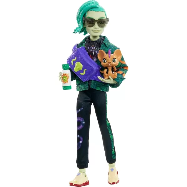 Monster High Deuce Gorgon Doll in Signature Look with Denim Snake Jacket ampamp Accessories Pet Mouse PerseusMulticolor