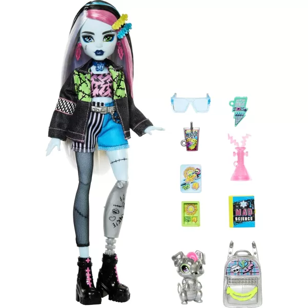 Monster High Doll Frankie Stein with Blue ampamp Black Streaked Hair in Signature Look with Fashion Accessories ampamp Pet Dog WatzieRefreshed Look