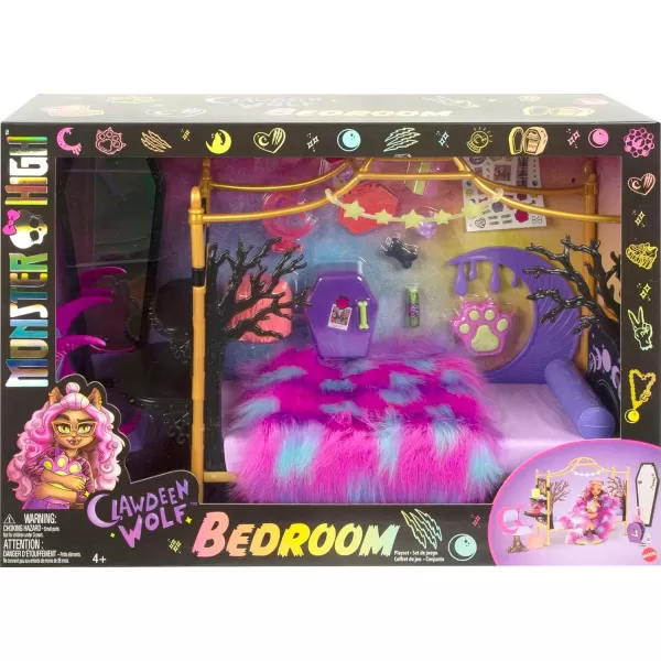 Monster High Playset Clawdeen Wolf Bedroom with Doll House Furniture ampamp Toy Accessories Like Spooky Decor ampamp Snacks Sticker Sheet