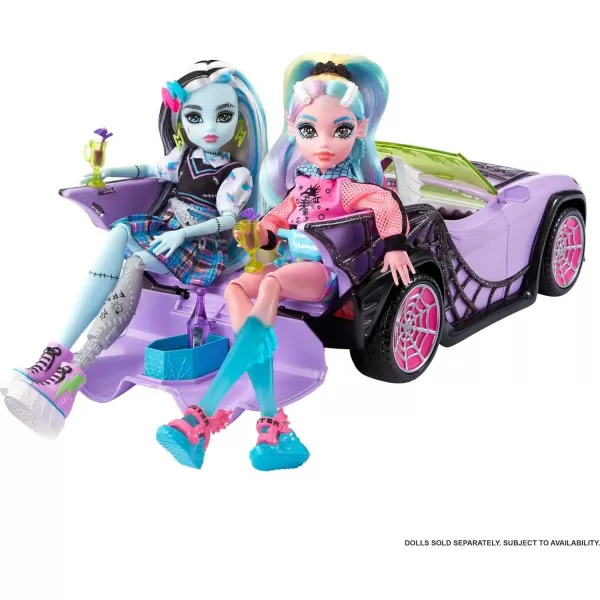 Monster High Toy Car Ghoul Mobile with Pet ampamp Cooler Accessories Purple DollSized Convertible with Spiderweb DetailsCar