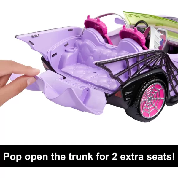 Monster High Toy Car Ghoul Mobile with Pet ampamp Cooler Accessories Purple DollSized Convertible with Spiderweb DetailsCar