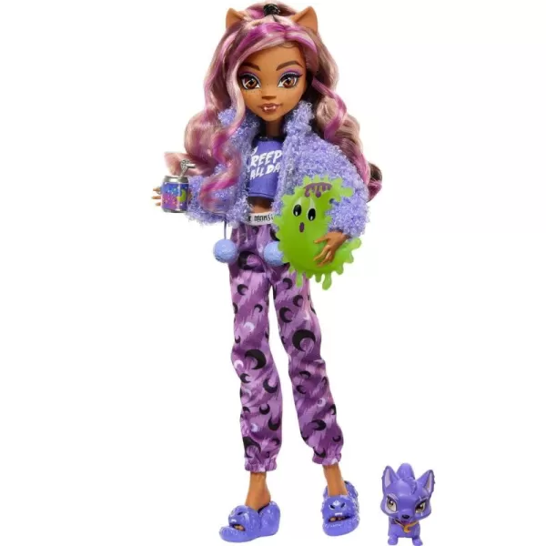 Monster High Creepover Party Doll Clawdeen Wolf with Pet Dog Crescent Sleepover Clothes ampamp Accessories like Eye Mask ampamp PizzaMulticolor