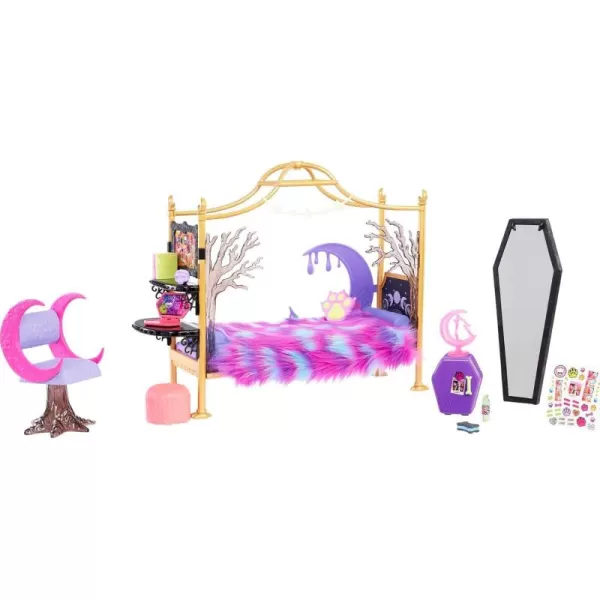 Monster High Playset Clawdeen Wolf Bedroom with Doll House Furniture ampamp Toy Accessories Like Spooky Decor ampamp Snacks Sticker Sheet