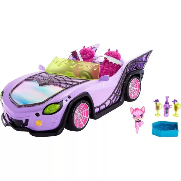 Monster High Toy Car Ghoul Mobile with Pet ampamp Cooler Accessories Purple DollSized Convertible with Spiderweb DetailsCar