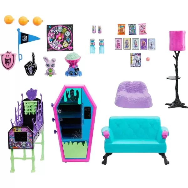 Monster High Student Lounge Playset Doll House Furniture and Themed Accessories with Two Pets and Working Vending MachineMonster High Student Lounge Playset Doll House Furniture and Themed Accessories with Two Pets and Working Vending Machine