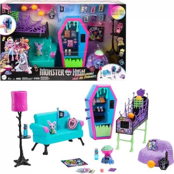 Monster High Student Lounge Playset Doll House Furniture and Themed Accessories with Two Pets and Working Vending MachineMonster High Student Lounge Playset Doll House Furniture and Themed Accessories with Two Pets and Working Vending Machine