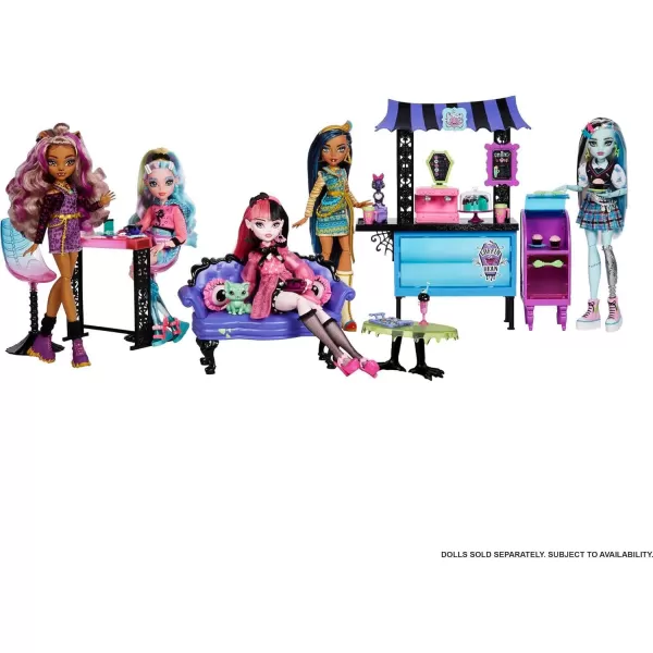 Monster High The Coffin Bean Playset Caf with Two Pets Spooky Furniture Pastry Treats and Drinks Barista Counter Kids Toys Gift SetMonster High The Coffin Bean Playset Caf with Two Pets Spooky Furniture Pastry Treats and Drinks Barista Counter Kids Toys Gift Set