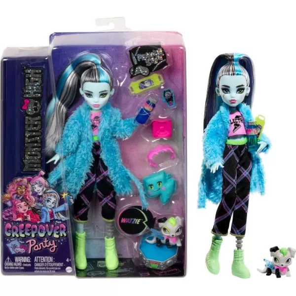 Monster High Doll Frankie Stein Creepover Party Set with Pet Dog Watzie Sleepover Clothes and AccessoriesMonster High Doll Frankie Stein Creepover Party Set with Pet Dog Watzie Sleepover Clothes and Accessories