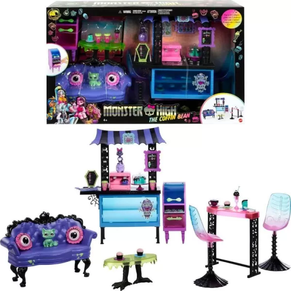 Monster High The Coffin Bean Playset Caf with Two Pets Spooky Furniture Pastry Treats and Drinks Barista Counter Kids Toys Gift SetMonster High The Coffin Bean Playset Caf with Two Pets Spooky Furniture Pastry Treats and Drinks Barista Counter Kids Toys Gift Set