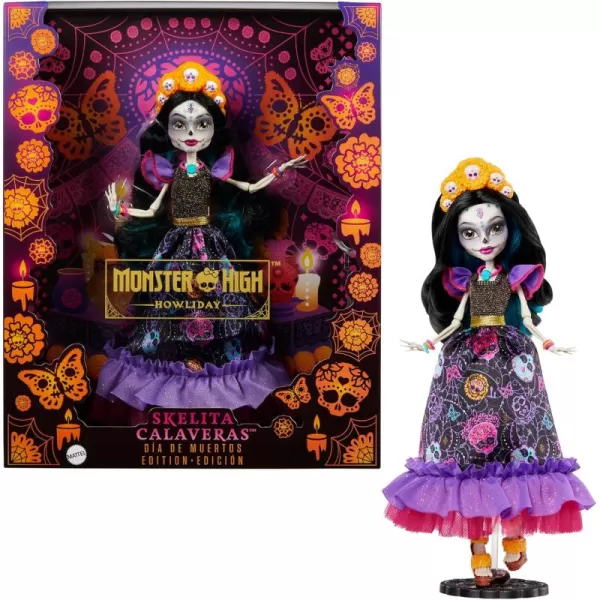 Monster High Doll Skelita Calaveras Dia De Muertos Collectible with Traditional Sugar Skull ampamp Marigold DetailsMulti