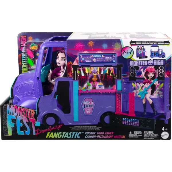 imageMonster High Draculaura Doll ampamp Playset Fangtastic Rockin Food Truck with Pullout Stage Transformation ampamp 13 Food ampamp Music Themed Accessories