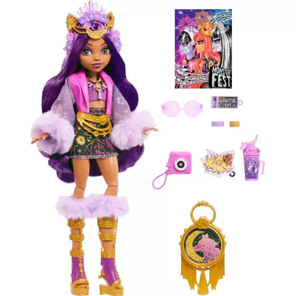 imageMonster High Monster Fest Doll Clawdeen Wolf with Glam Outfit ampamp Festival Themed Accessories Like Snacks Band Poster Statement Bag ampamp More