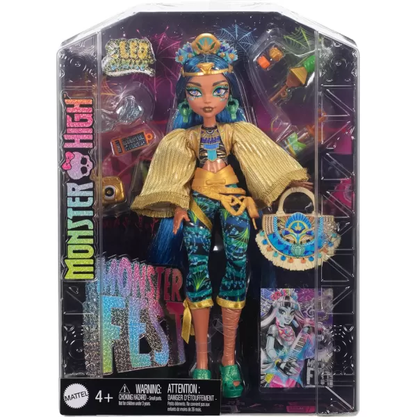 imageMonster High Monster Fest Doll Cleo De Nile with Glam Outfit ampamp Festival Themed Accessories Like Snacks Band Poster Statement Bag ampamp MoreMulticolor