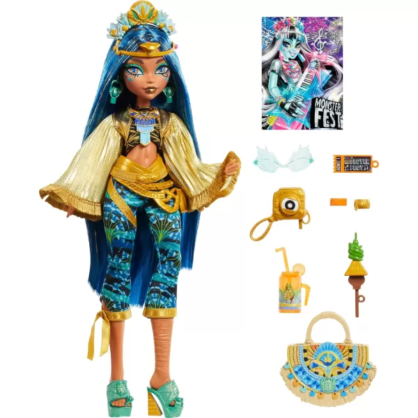 imageMonster High Monster Fest Doll Cleo De Nile with Glam Outfit ampamp Festival Themed Accessories Like Snacks Band Poster Statement Bag ampamp MoreMulticolor