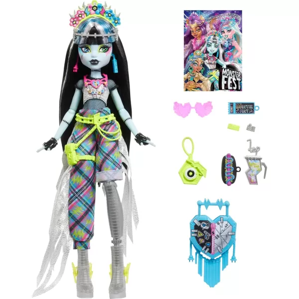 imageMonster High Monster Fest Doll Frankie Stein with Glam Outfit ampamp Festival Themed Accessories Like Snacks Band Poster Statement Bag ampamp More