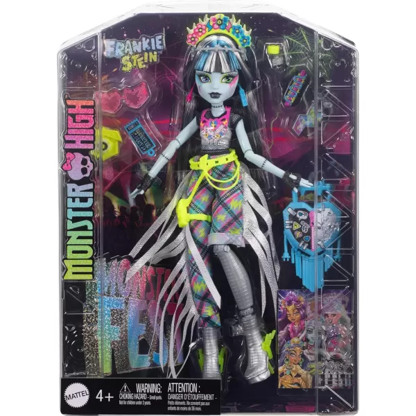 imageMonster High Monster Fest Doll Frankie Stein with Glam Outfit ampamp Festival Themed Accessories Like Snacks Band Poster Statement Bag ampamp More