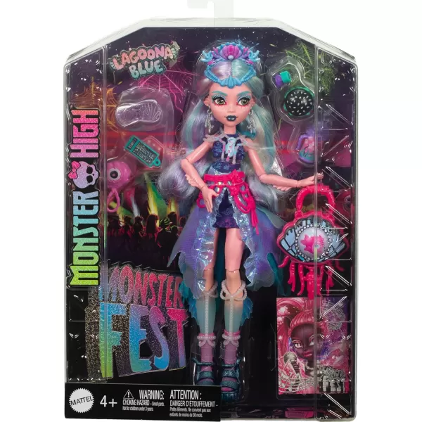 imageMonster High Monster Fest Doll Lagoona Blue with Glam Outfit ampamp Festival Themed Accessories Like Snacks Band Poster Statement Bag ampamp MoreMulticolor