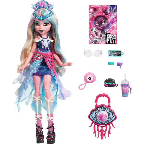 imageMonster High Monster Fest Doll Lagoona Blue with Glam Outfit ampamp Festival Themed Accessories Like Snacks Band Poster Statement Bag ampamp MoreMulticolor