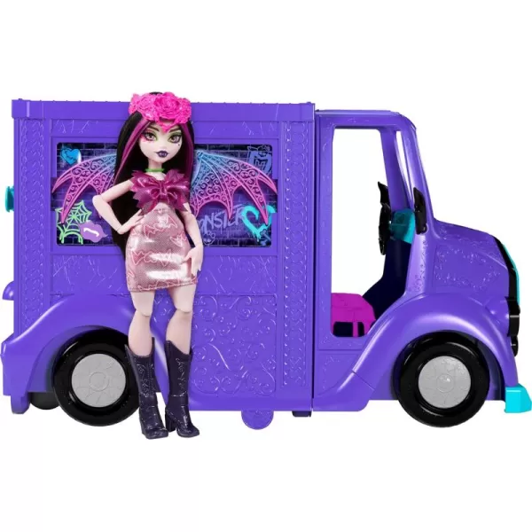 imageMonster High Draculaura Doll ampamp Playset Fangtastic Rockin Food Truck with Pullout Stage Transformation ampamp 13 Food ampamp Music Themed Accessories