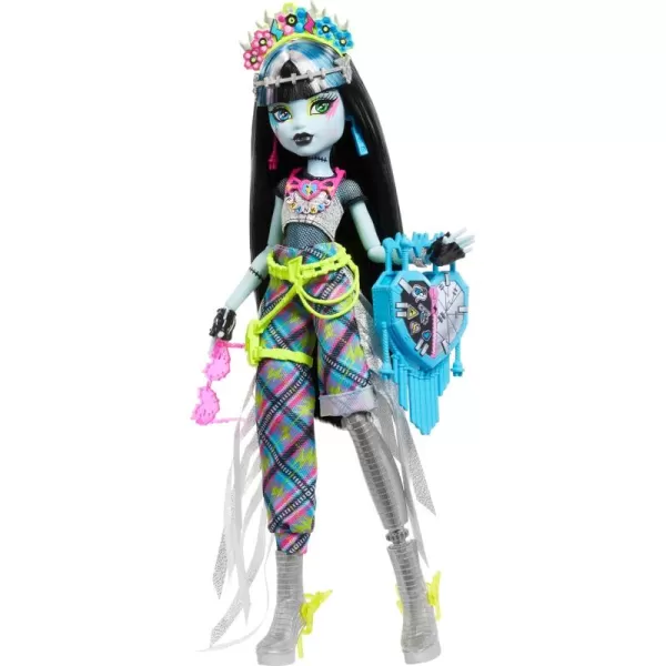 imageMonster High Monster Fest Doll Frankie Stein with Glam Outfit ampamp Festival Themed Accessories Like Snacks Band Poster Statement Bag ampamp More