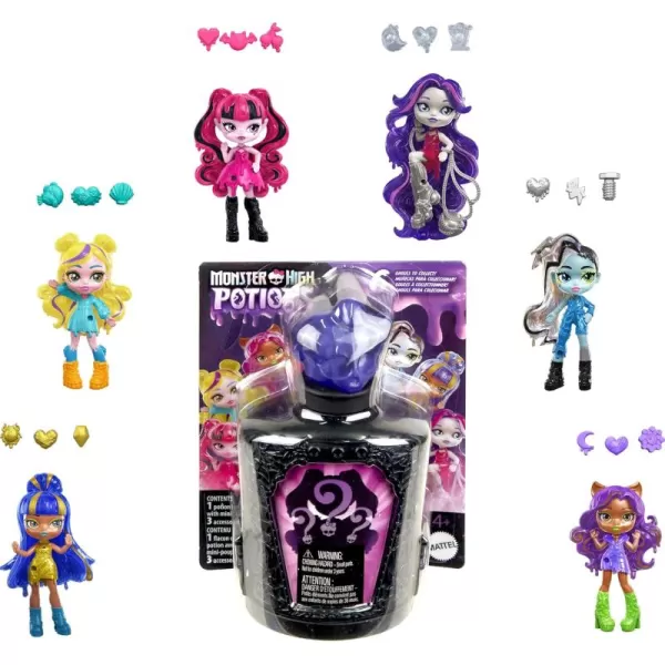 imageMonster High Potions Mini Dolls and Accessories Surprise 3inch Character Figures in Display Bottle with Water Reveal ampamp Charms Characters May Vary