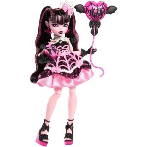 imageMonster High Scary Sweet Birthday Doll Cupid Asteria in Pink and Red Party Dress with Themed Accessories Like Invite Balloon Gift and MoreDraculaura