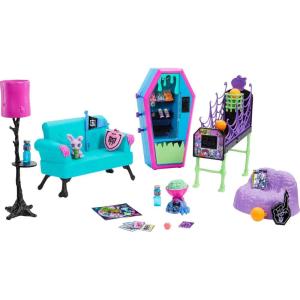 imageMonster High Playset Student Lounge with Doll House Furniture 2 Pets ampamp Themed Accessories Working Vending MachineMulticolor