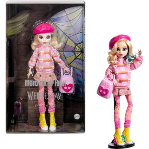 imageMonster High Wednesday Doll and Accessories Enid Sinclair Collectible in Pink Fashion with Beret and Backpack Doll Stand