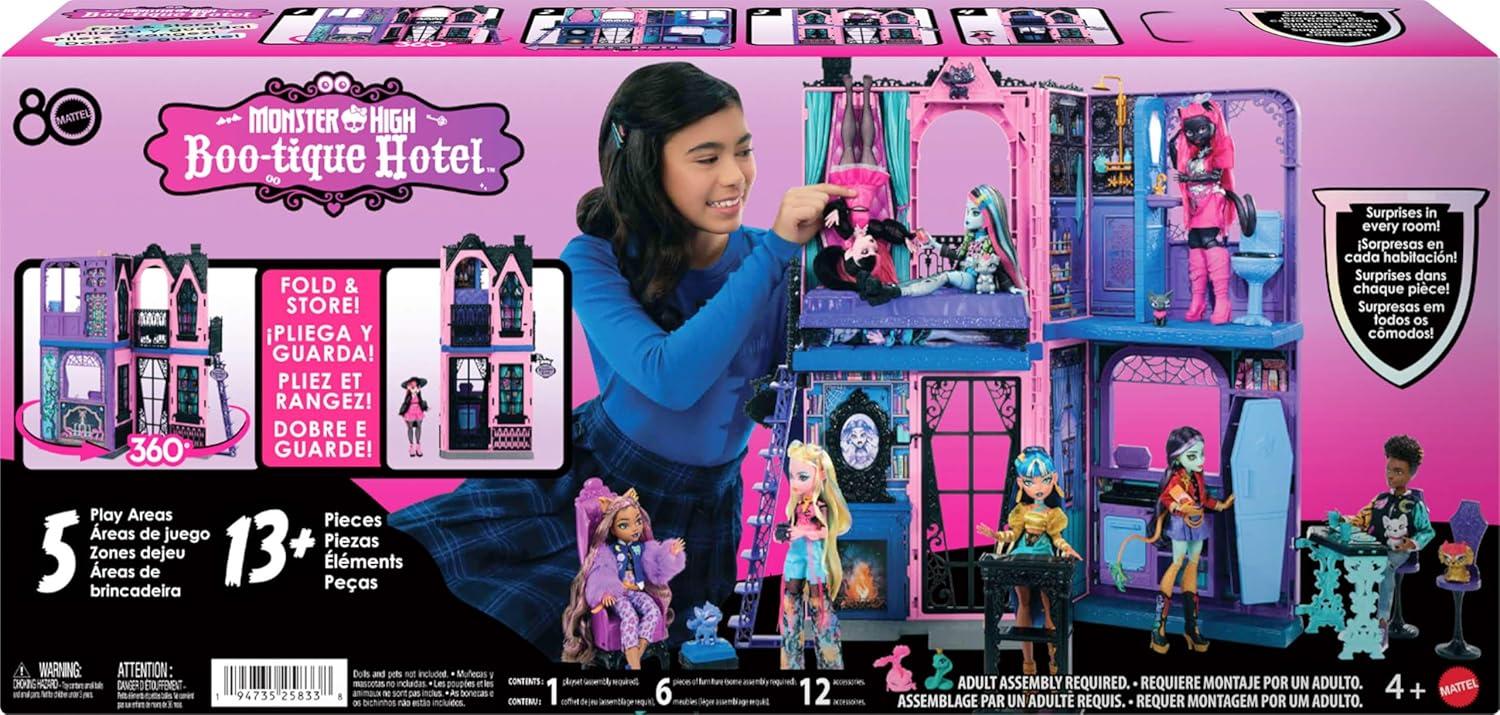 imageMonster High Bootique Hotel Doll House Foldable Playset with Spooky Surprises in Every Room and 13 Pieces Including Furniture and Accessories