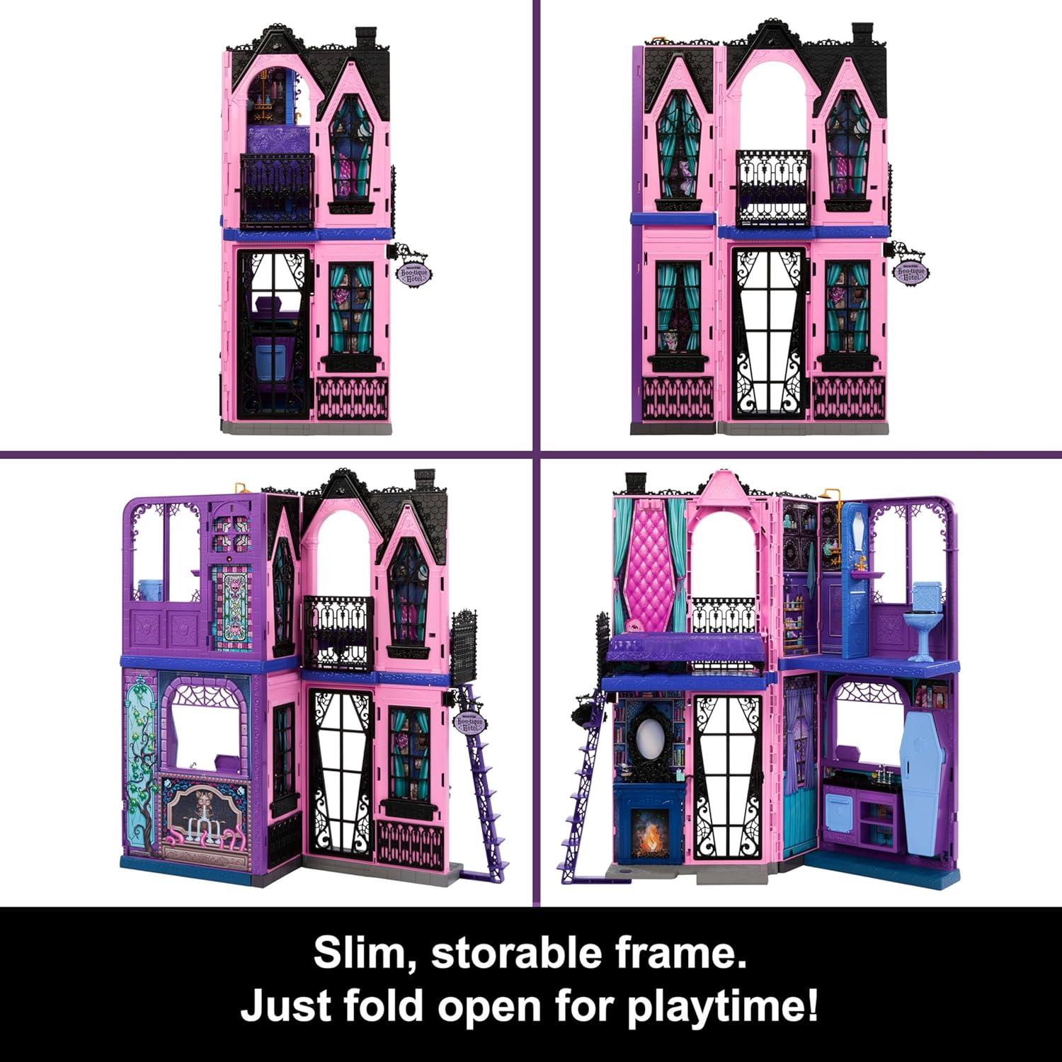 imageMonster High Bootique Hotel Doll House Foldable Playset with Spooky Surprises in Every Room and 13 Pieces Including Furniture and Accessories