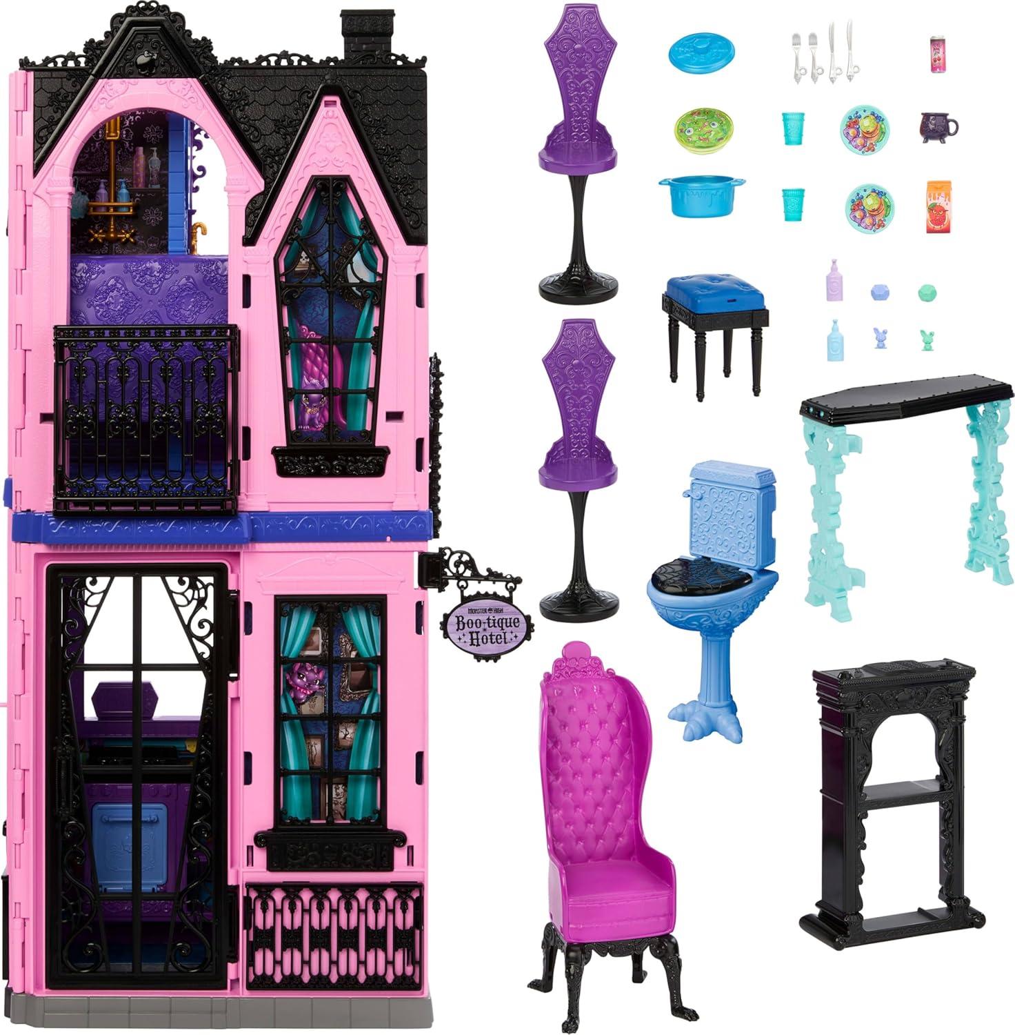imageMonster High Bootique Hotel Doll House Foldable Playset with Spooky Surprises in Every Room and 13 Pieces Including Furniture and Accessories