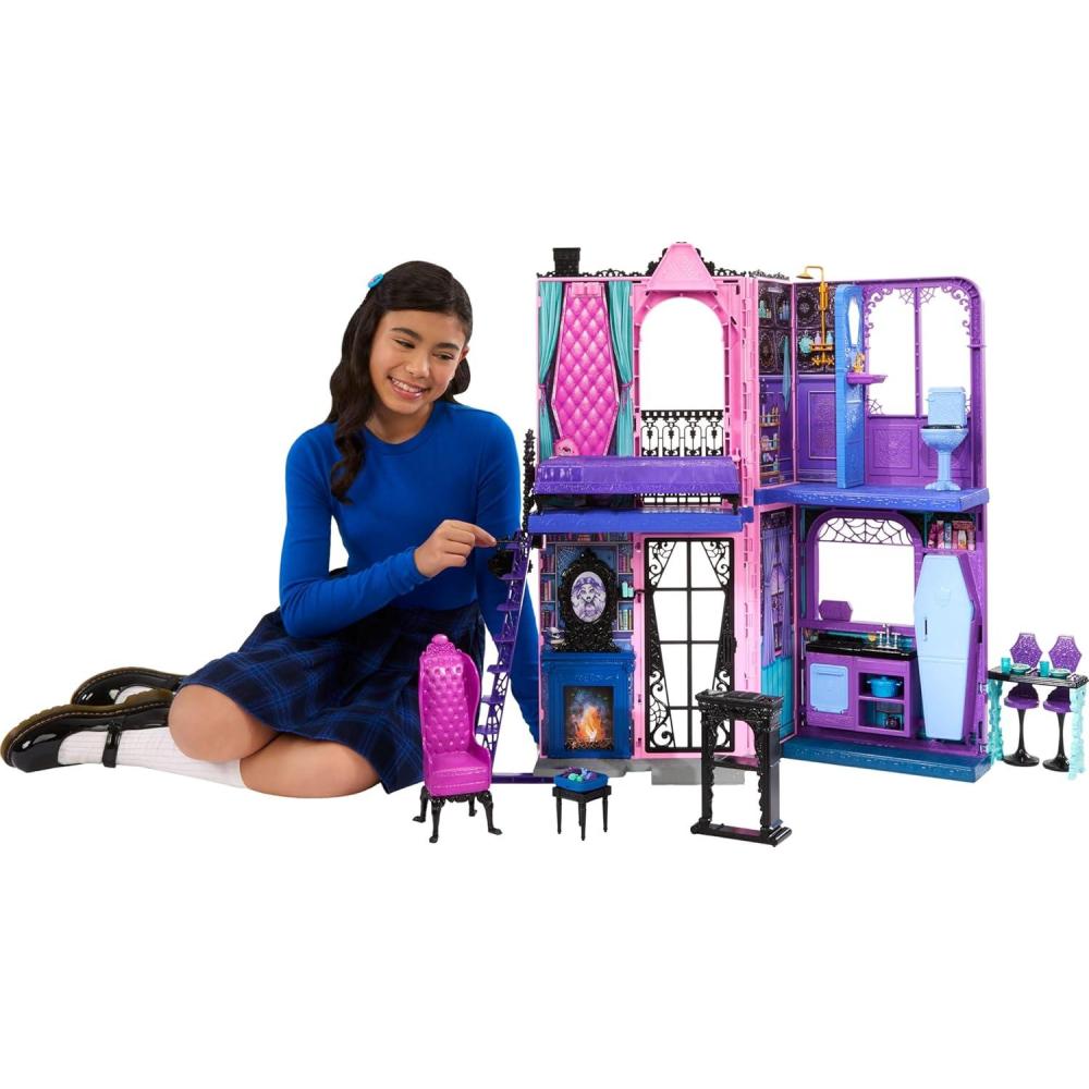 imageMonster High Bootique Hotel Doll House Foldable Playset with Spooky Surprises in Every Room and 13 Pieces Including Furniture and Accessories