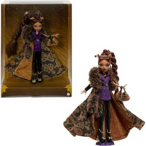 imageMonster High Doll Clawdeen Wolf House of Wolf Collectible with Faux Fur Jacquard Coat Purple Blazer Dress Pantaboots and Golden Accessories