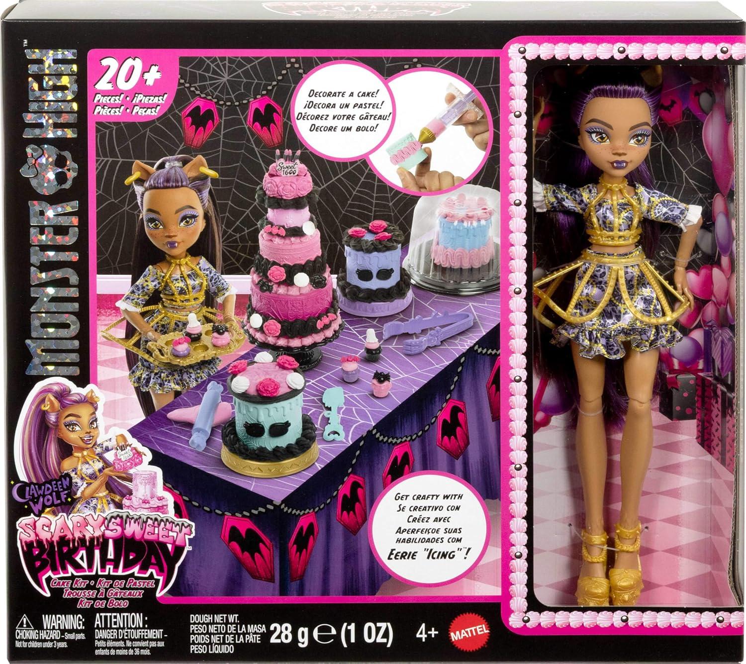 imageMonster High Scary Sweet Birthday Cake Kit with Clawdeen Wolf Doll Cake Decorating Playset with 20 Accessories Like Eerie Icing Pipette and More