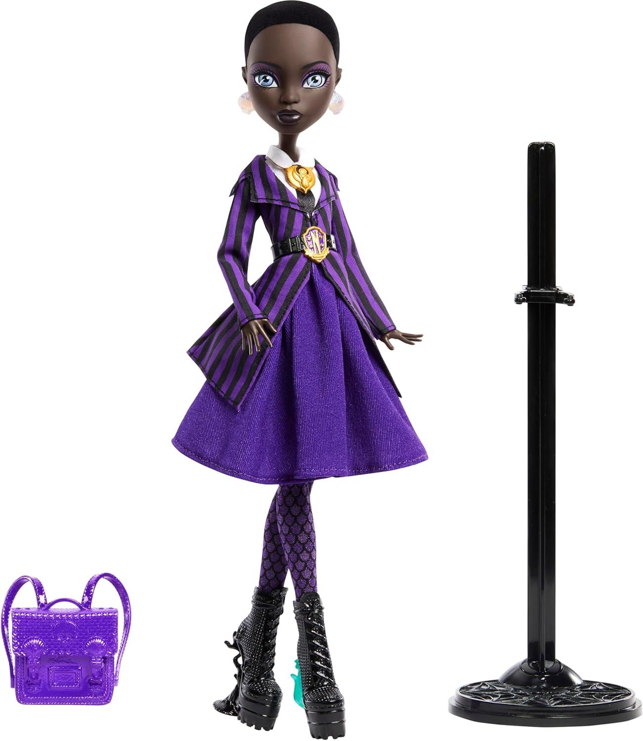 imageMonster High x Wednesday Doll and Accessories Bianca Barclay Collectible in Nevermore Academy Uniform with Siren Amulet Backpack and Doll Stand