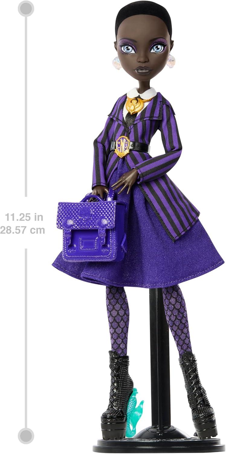 imageMonster High x Wednesday Doll and Accessories Bianca Barclay Collectible in Nevermore Academy Uniform with Siren Amulet Backpack and Doll Stand