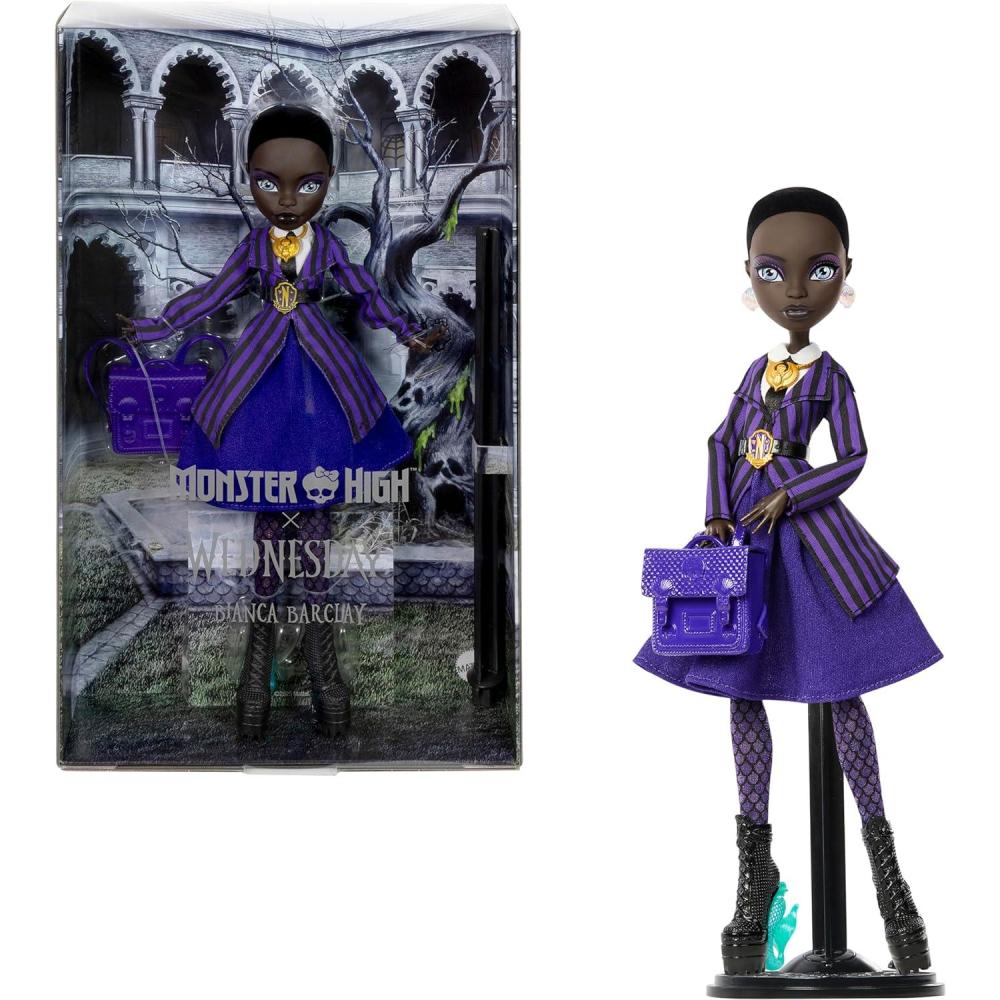 imageMonster High x Wednesday Doll and Accessories Bianca Barclay Collectible in Nevermore Academy Uniform with Siren Amulet Backpack and Doll Stand