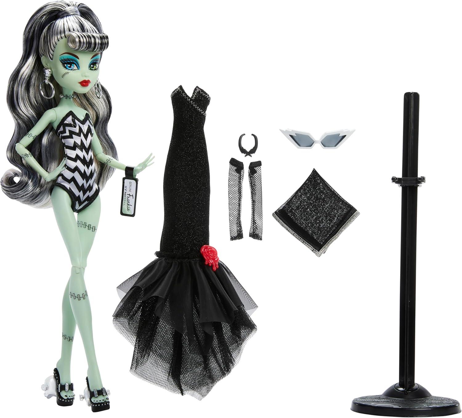 imageMonster High x Barbie Frankie Stein Doll with Original BarbieInspired Swimsuit and Solo in The Spotlight Black Evening Dress and Accessories